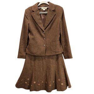 Casual Corner Tulip Skirt suit set Womens 10 Brown wool silk embroidered career